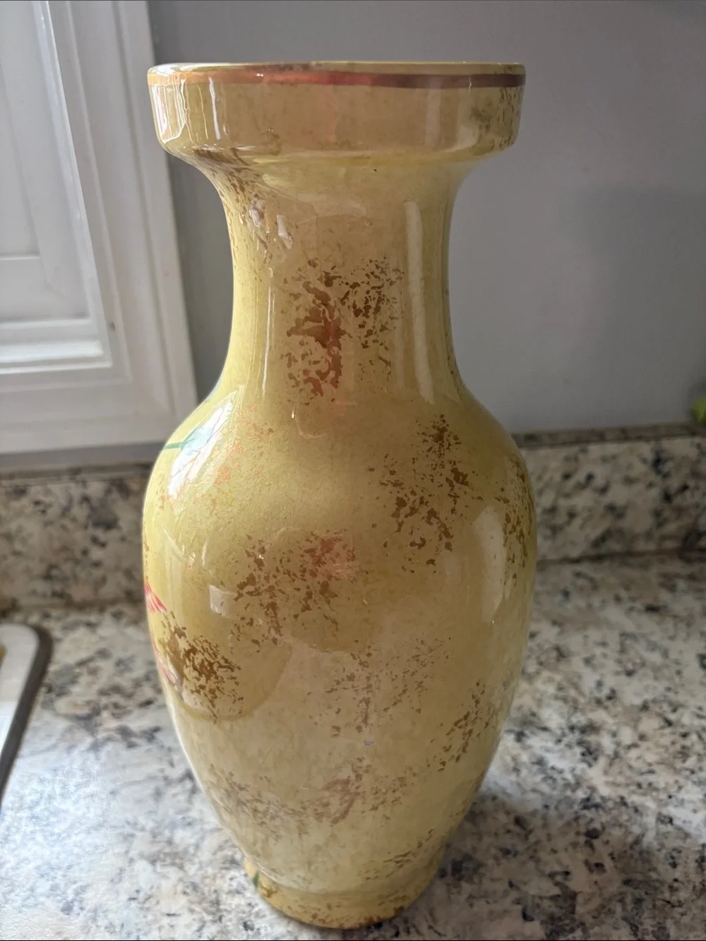 Hand-Painted Floral Ceramic Vase in Yellow with Purple Flowers